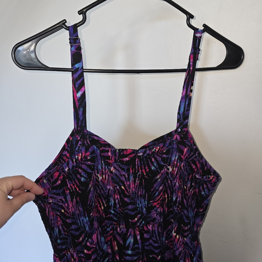 Torrid Smocked Pink and Purple Palm Leaf Dress - Plus Size: 2x - Picture 6 of 11
